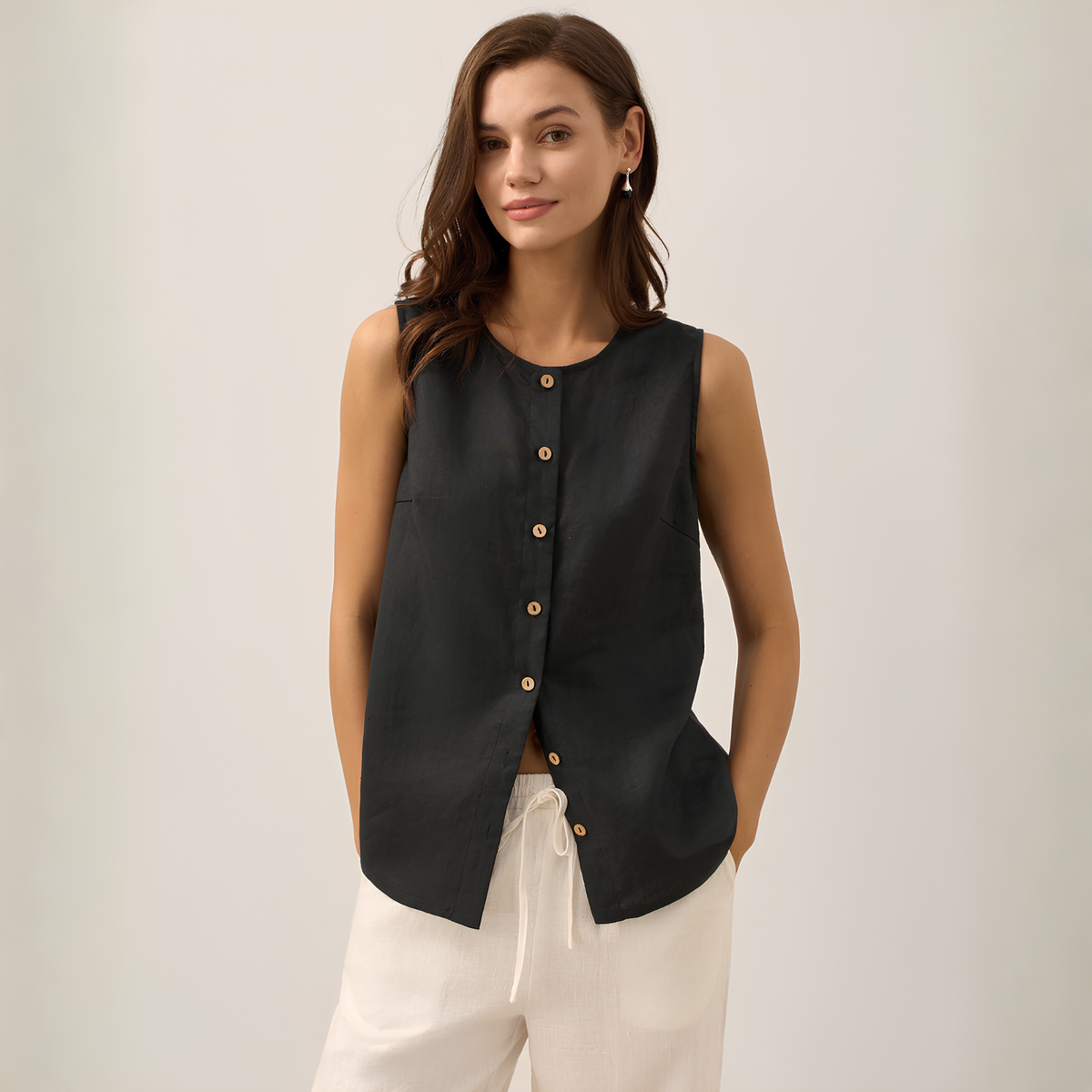 Leinen-Tanktop mit Knopfleiste