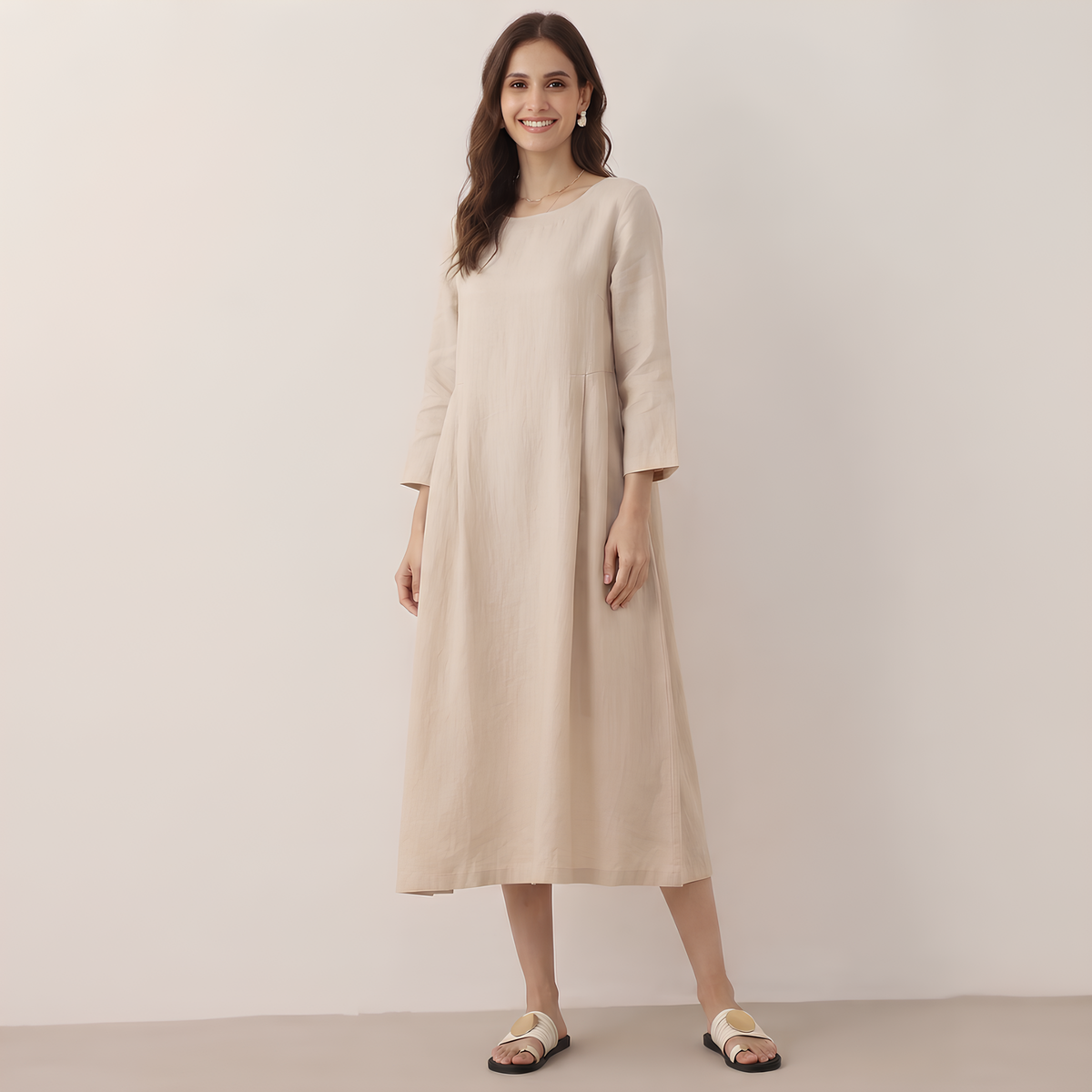 Plissiertes Leinen-Midikleid