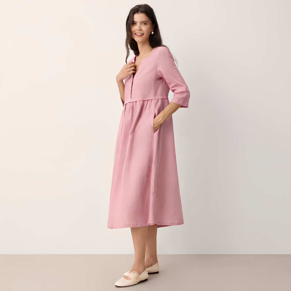 Leinen-Midikleid mit Knopftaille