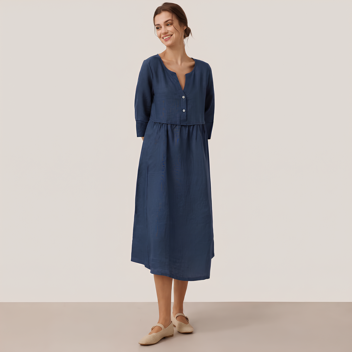 Leinen-Midikleid mit Knopftaille